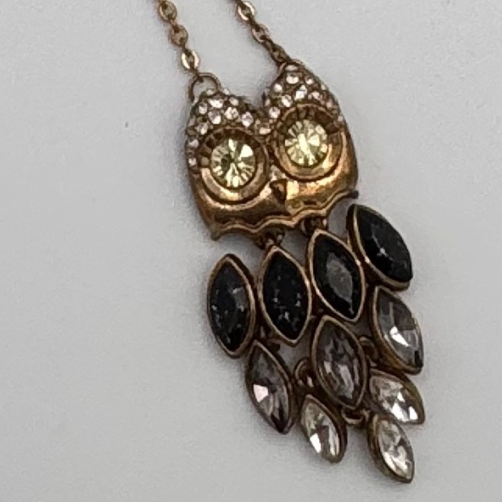 Antiqued Gold Tone Owl Pendant Necklace with Rhinestone & Faceted Stone